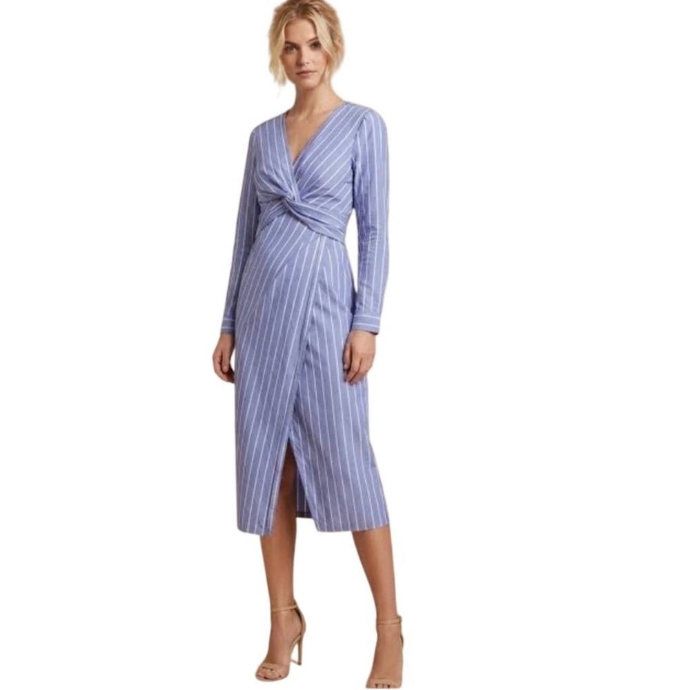 Loft Petites Blue White Striped Twist Front Midi Dress Women's 00P NEW